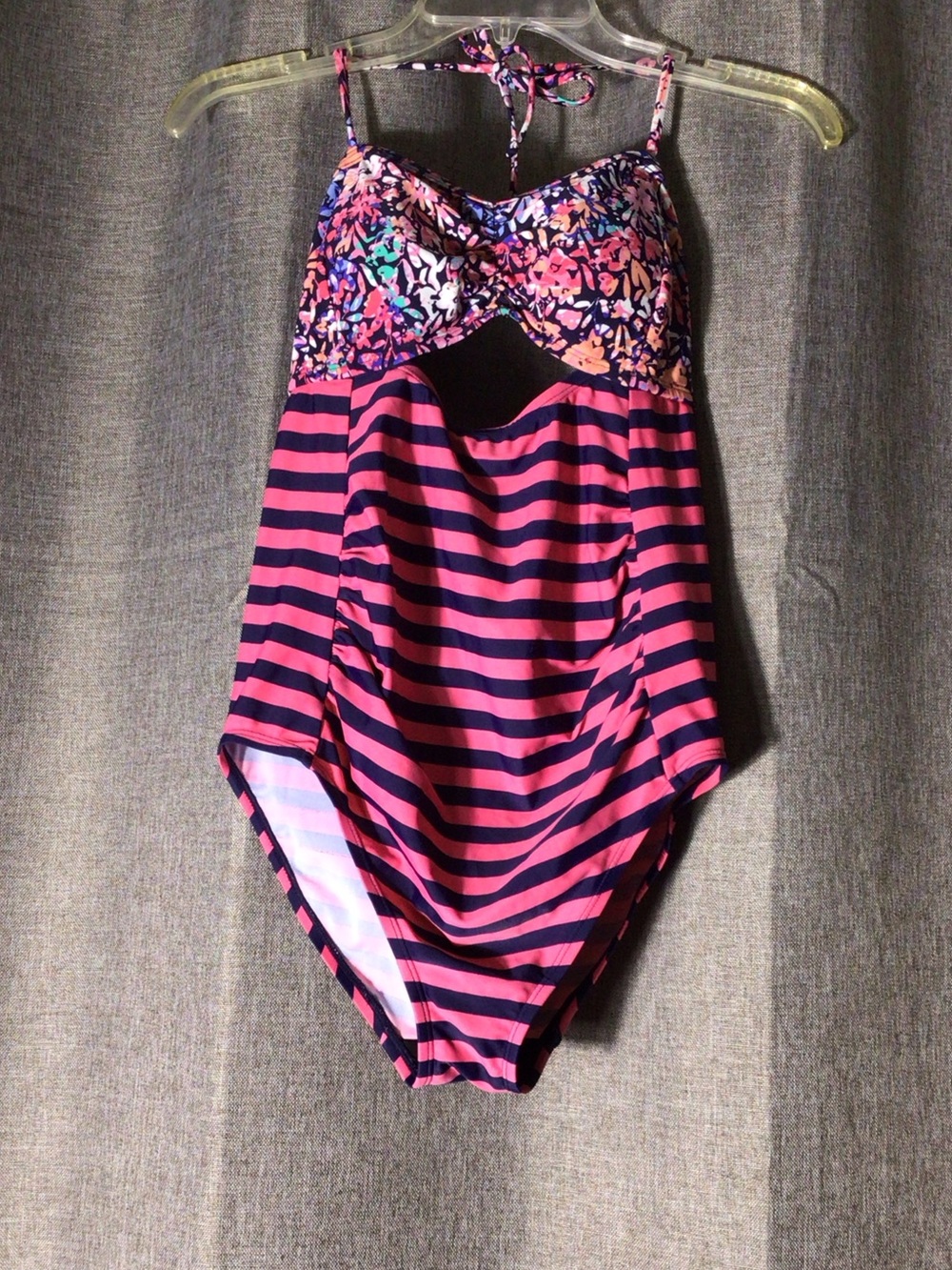 Motherhood Maternity Pink and Navy Striped One-Piece Swimsuit with Floral Bust